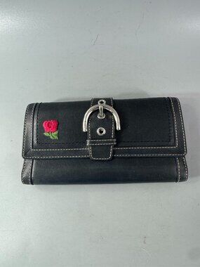 Vintage Coach Black Leather Single Stitch Silver Buckle Tri-Fold Wallet